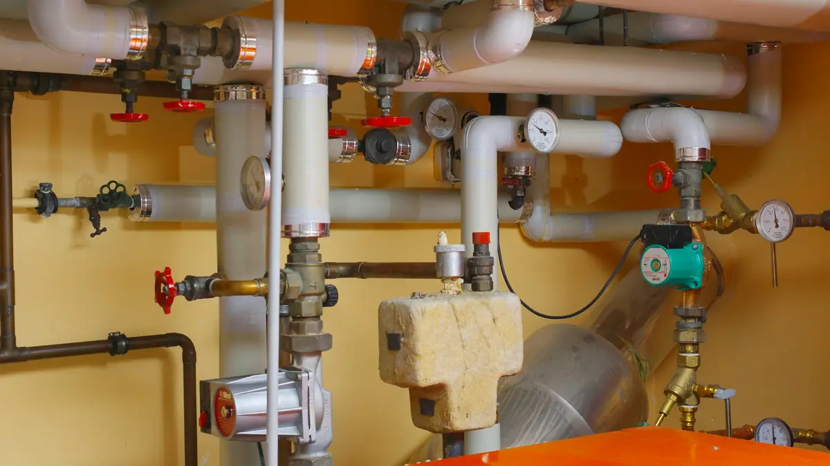A boiler room with copper and white pipes, valves and gauges - Leak Detection in Cherry Hill